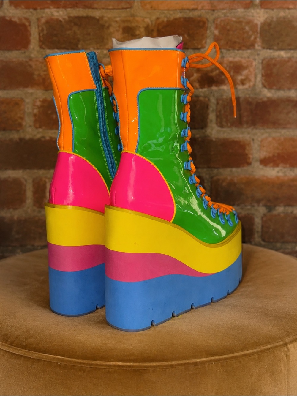 Dolls Kill Current Mood Rainbow Patent Platform Boots Neon Rave Size 6 NEW